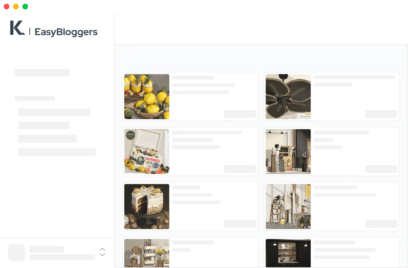 The EasyBloggers dashboard listing a store's products